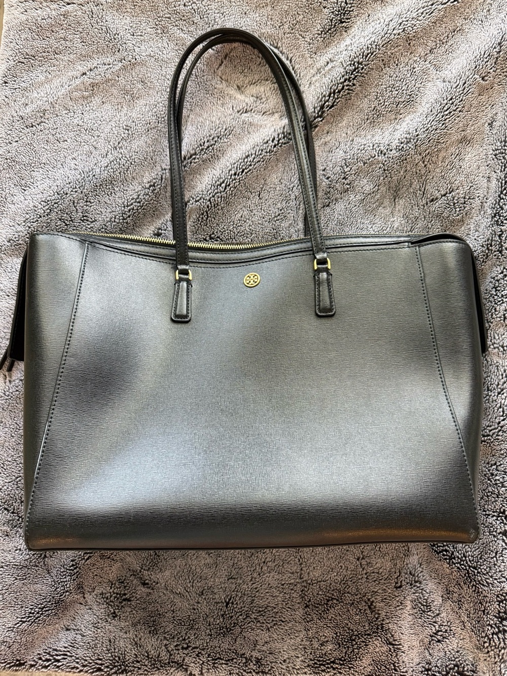 Tory Burch Robinson Black Leather Double-Handle Tote with Gold Logo